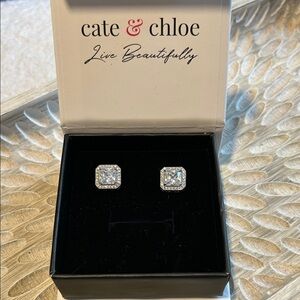 NWT Cate & Chloe Norah 18K White Gold Plated Princess Cut Halo Stud Earrings